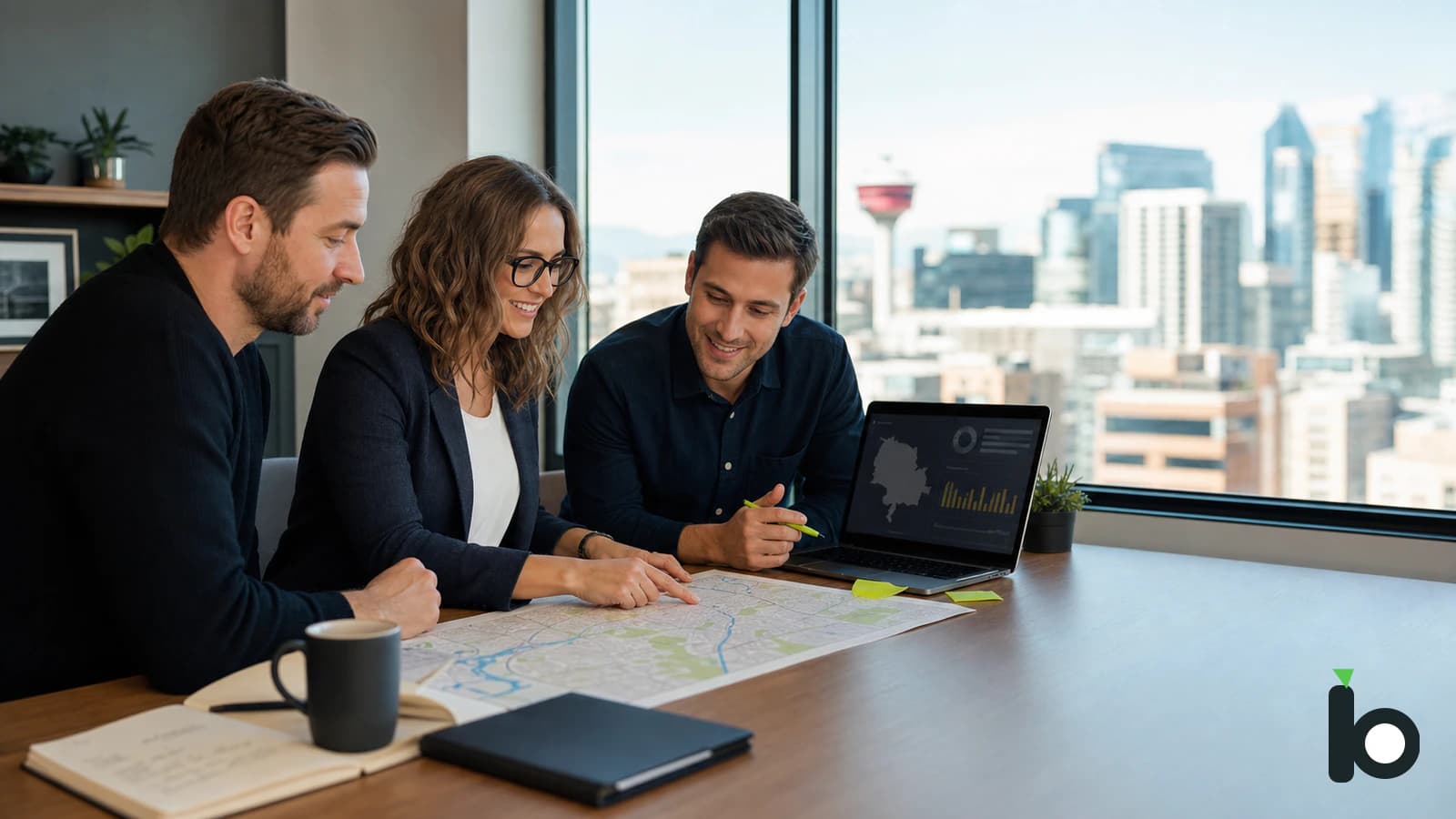 Calgary local search planning session with a city map and visibility dashboard