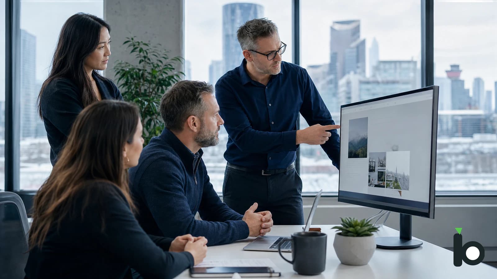 Calgary business leaders reviewing a website strategy and content plan in a modern office