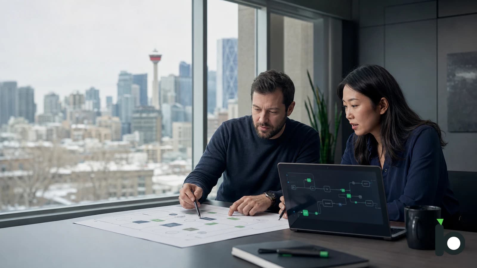 Calgary business team reviewing a responsible AI automation workflow with human oversight