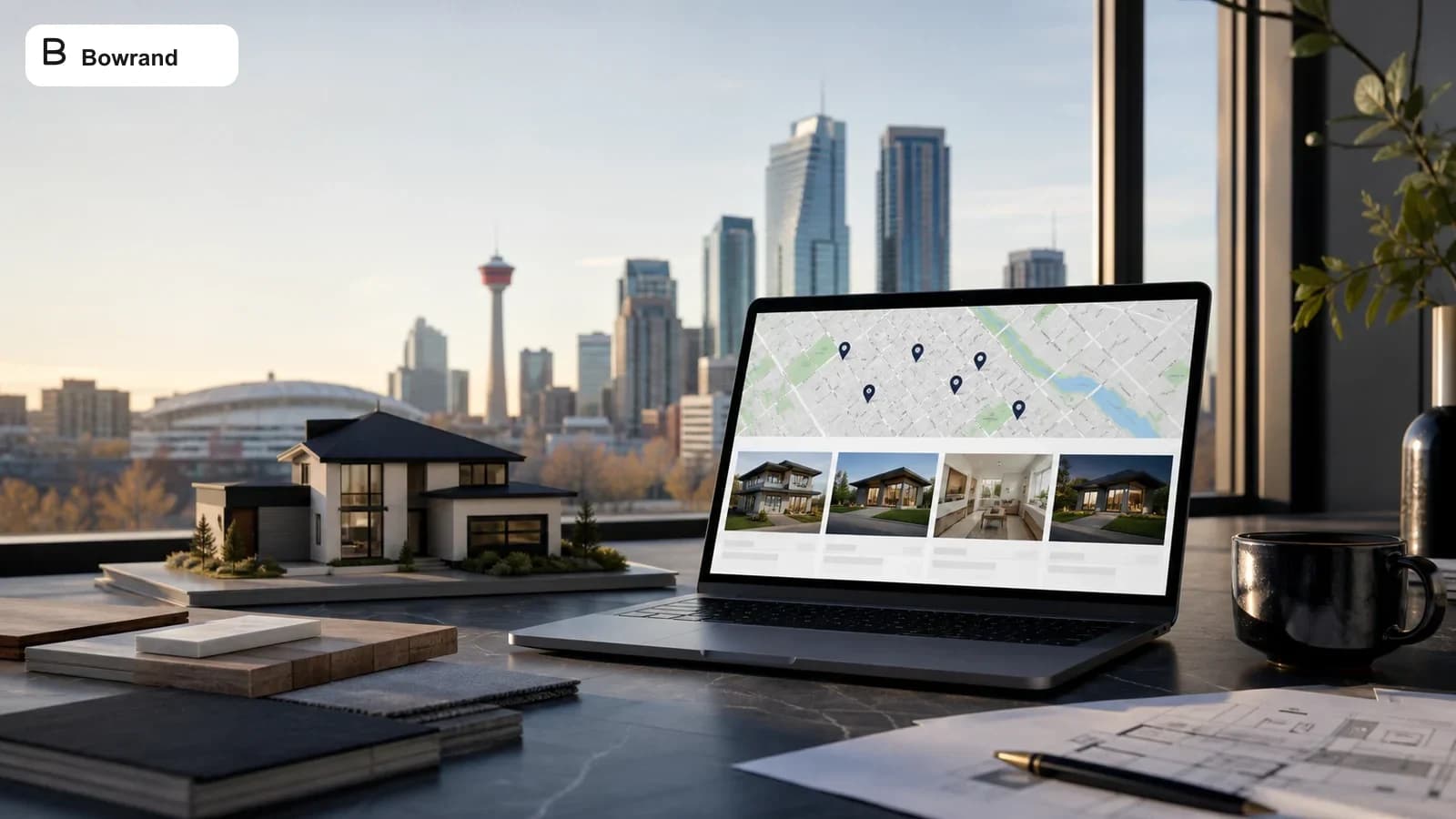 Calgary real-estate website planning workspace with city skyline and property interface