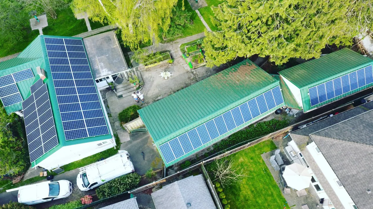 Aerial view of solar panels installed by 604 Bright Solar across several roofs