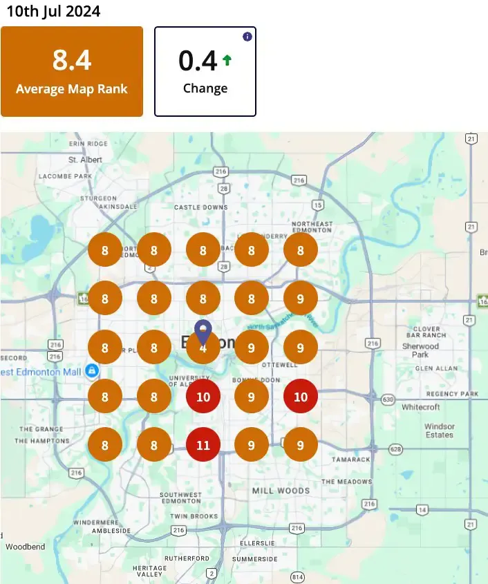 Geo-grid scan on 10 July 2024: average map rank 8.4, with the grid almost entirely orange and red