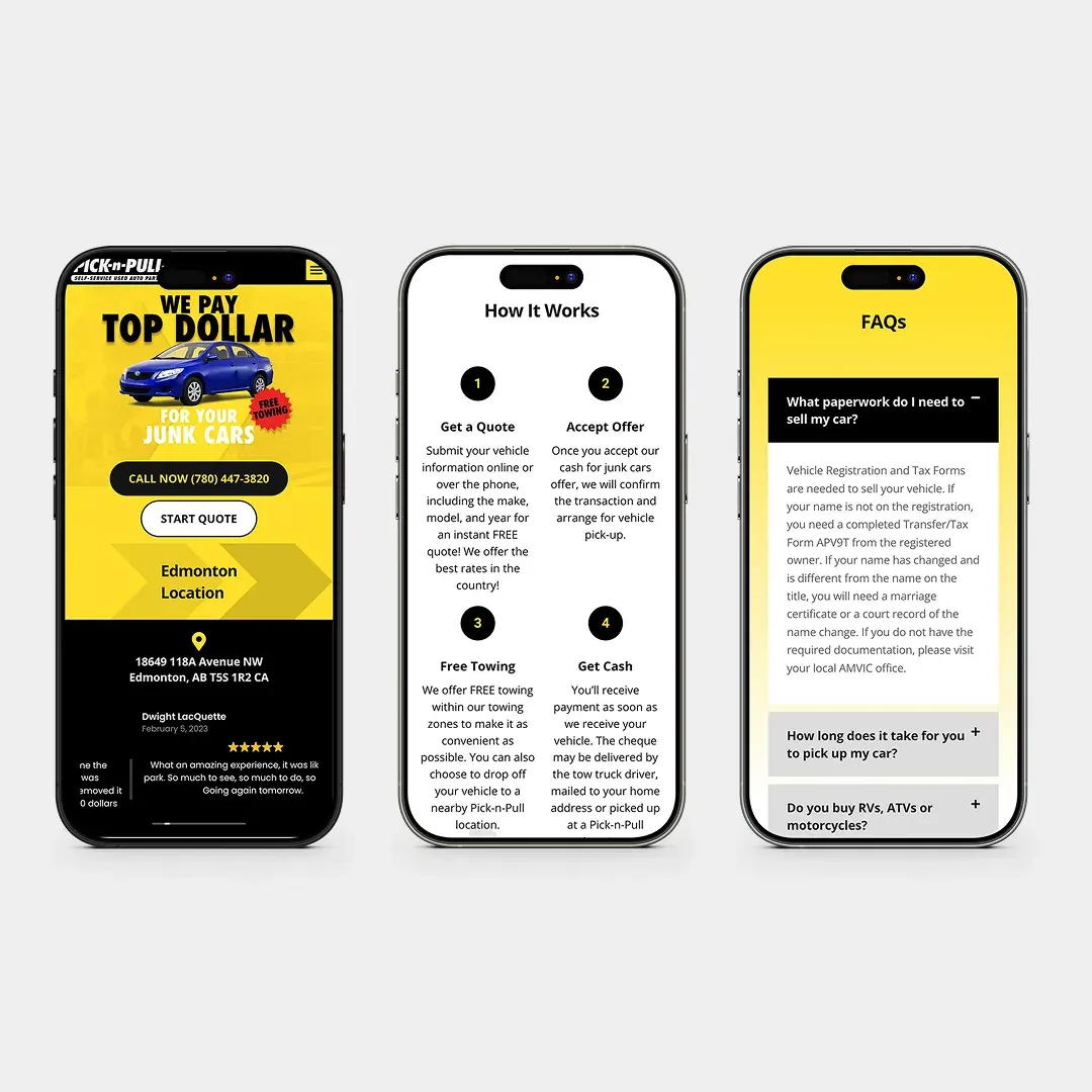 Three mobile screens of the Pick-n-Pull website showing the quote form, how it works and FAQs