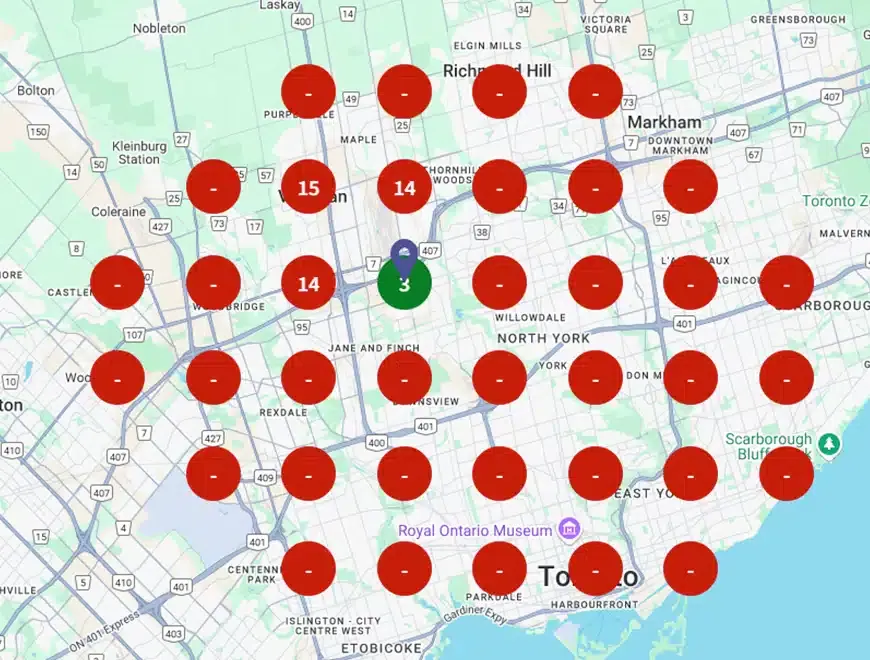 Local map grid before Bowrand, with Sonna missing from almost every point in its service area