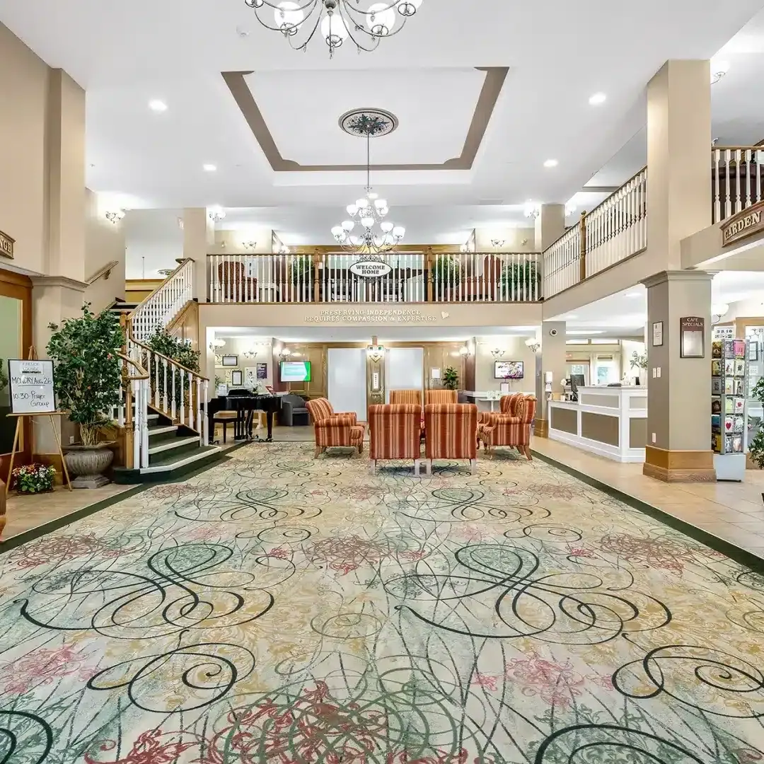 The bright, welcoming lobby of a Maple Village community