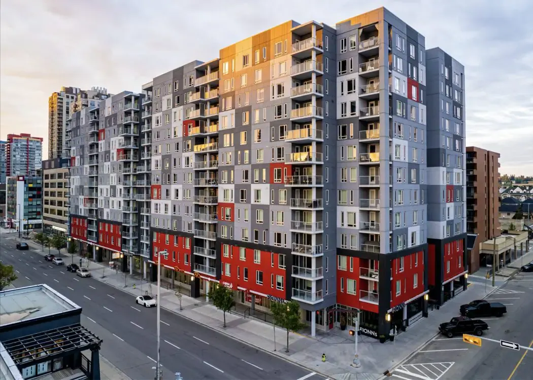 Aerial view of The Metropole, a 430-unit multi-family rental building on a city-centre street
