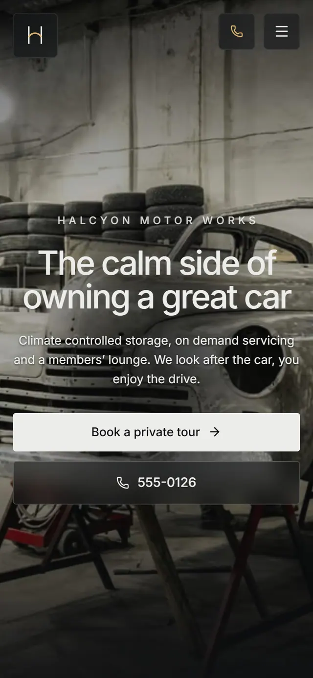 Halcyon Motor Works: the website on a phone