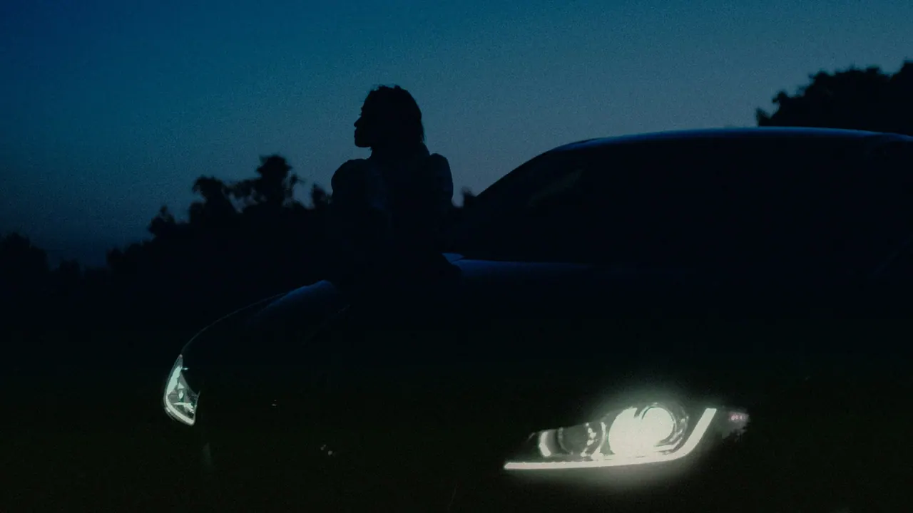 A woman leaning on a dark car at night, its headlights on