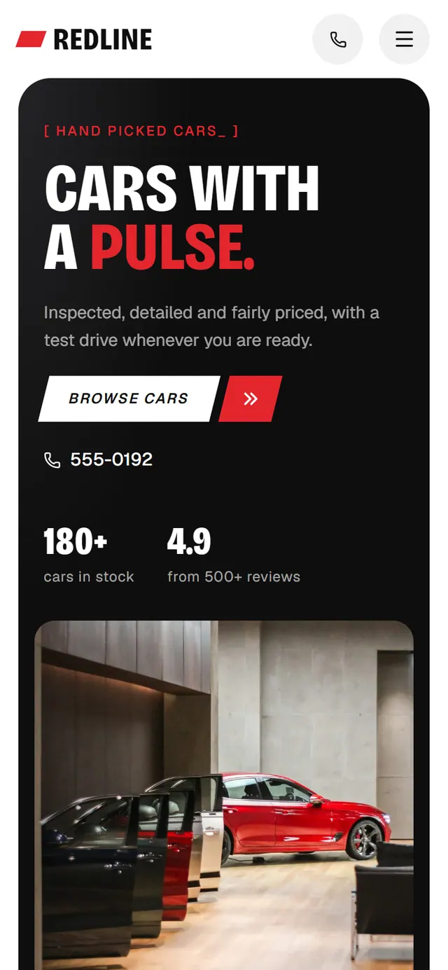 Redline Auto Gallery: the website on a phone