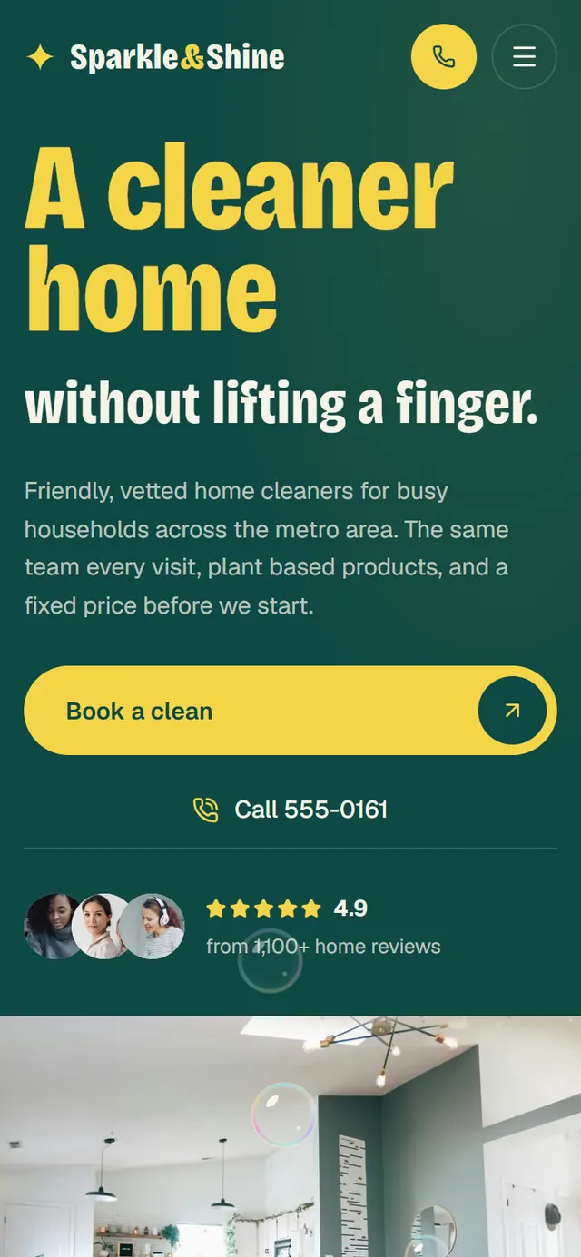 Sparkle & Shine Cleaning: the website on a phone
