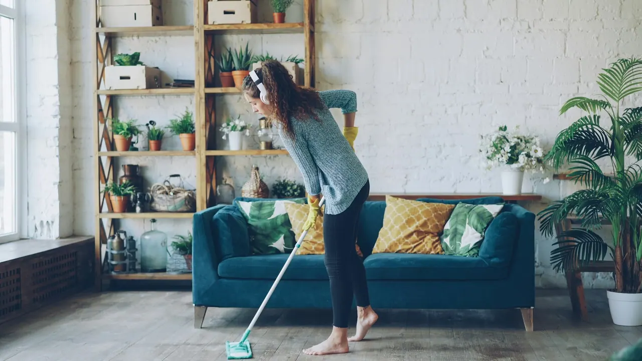 A cleaner mopping beside a blue sofa in a bright living room with plants