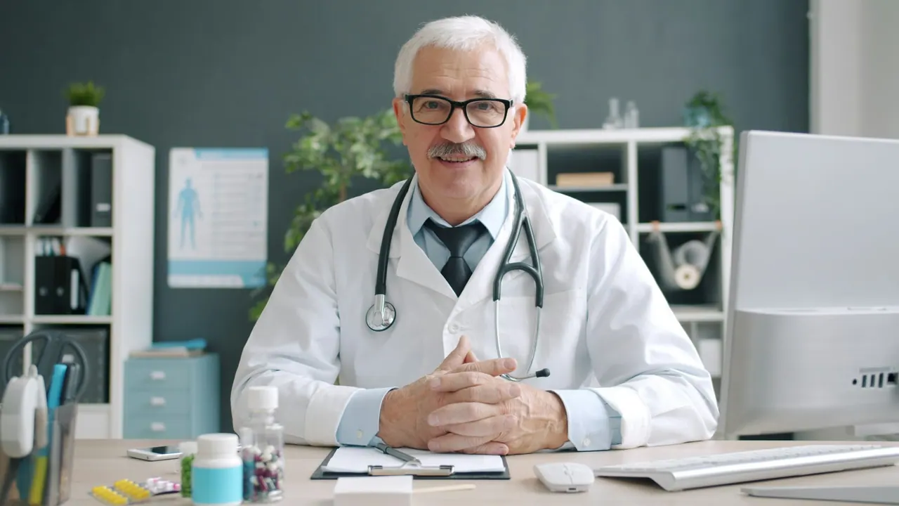 A senior doctor smiling at his desk