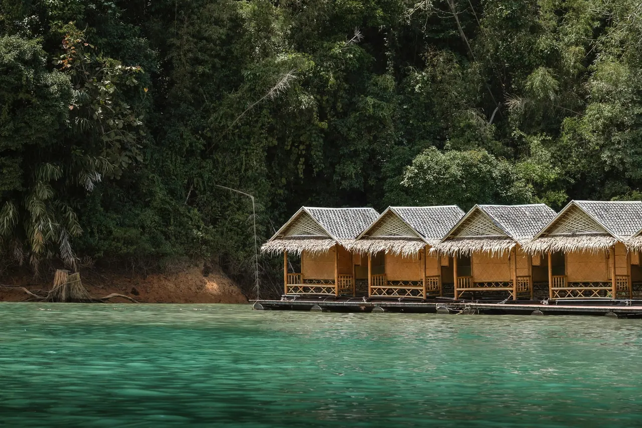 Thatched cabins floating on a calm green lake below a forest