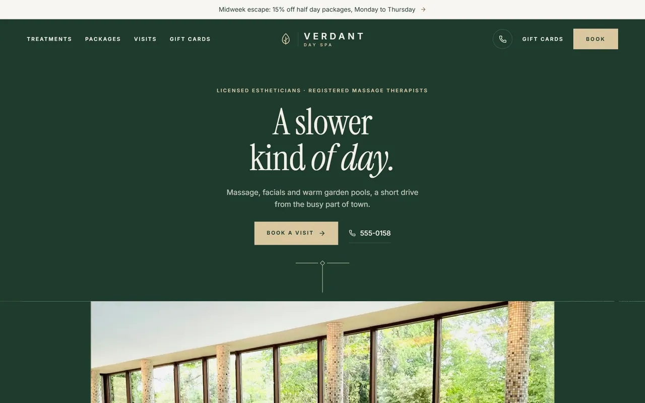 Verdant Day Spa: the website on a desktop
