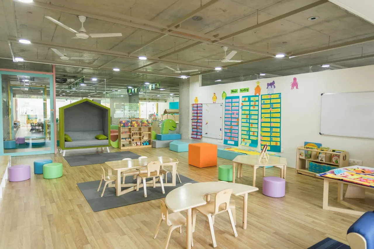 A bright room with small tables and soft seats