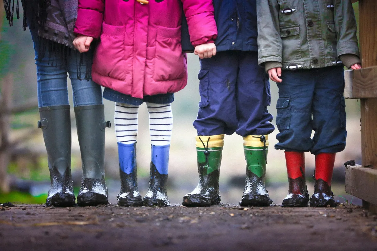 Children in colourful rain boots standing on a muddy path