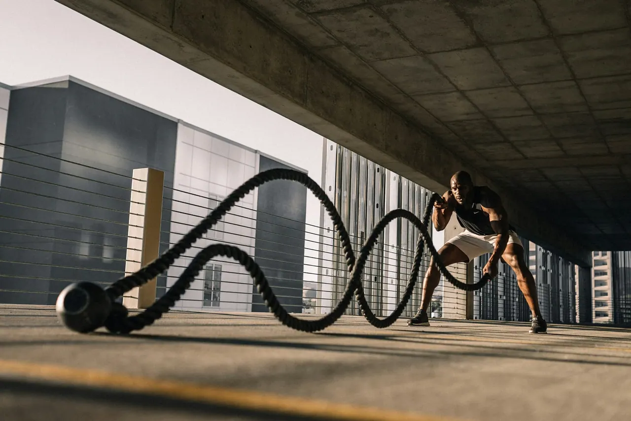 A member training with battle ropes under a rooftop canopy