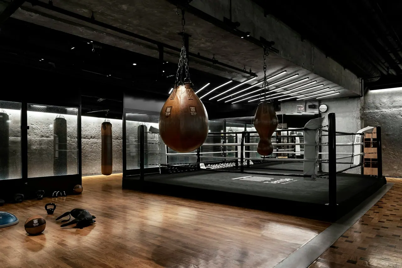 The boxing area with a ring and hanging bags