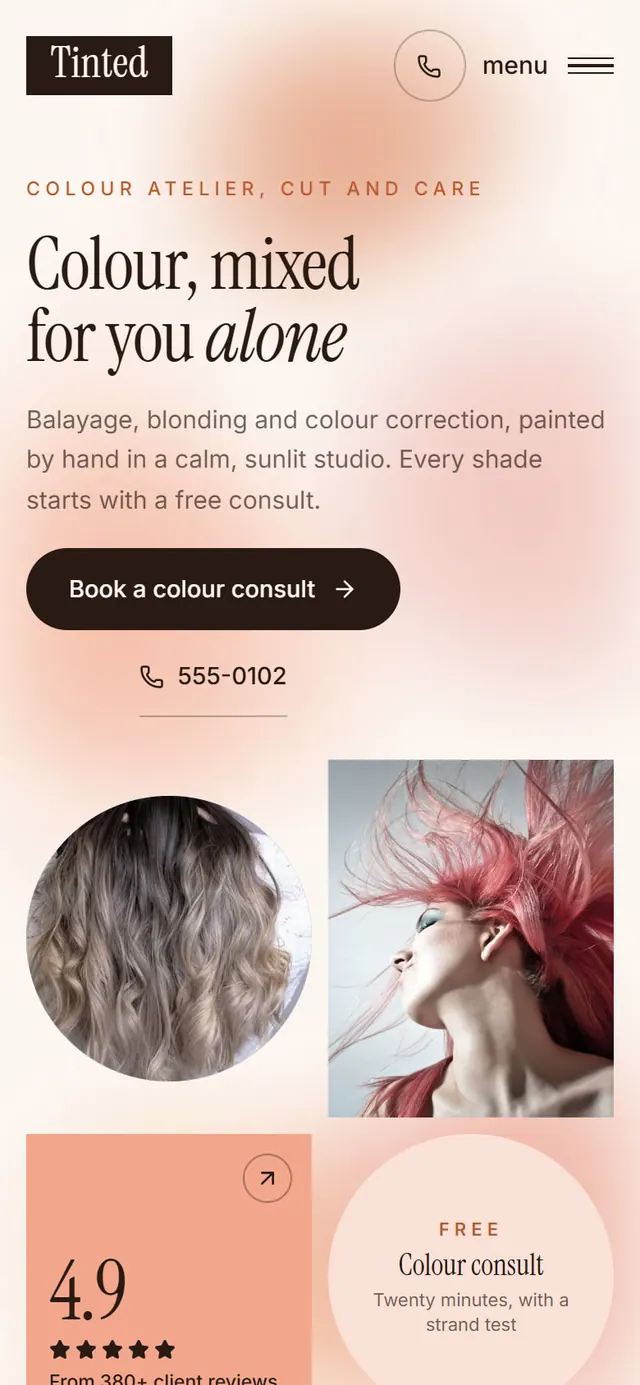 Tinted Hair Atelier: the website on a phone