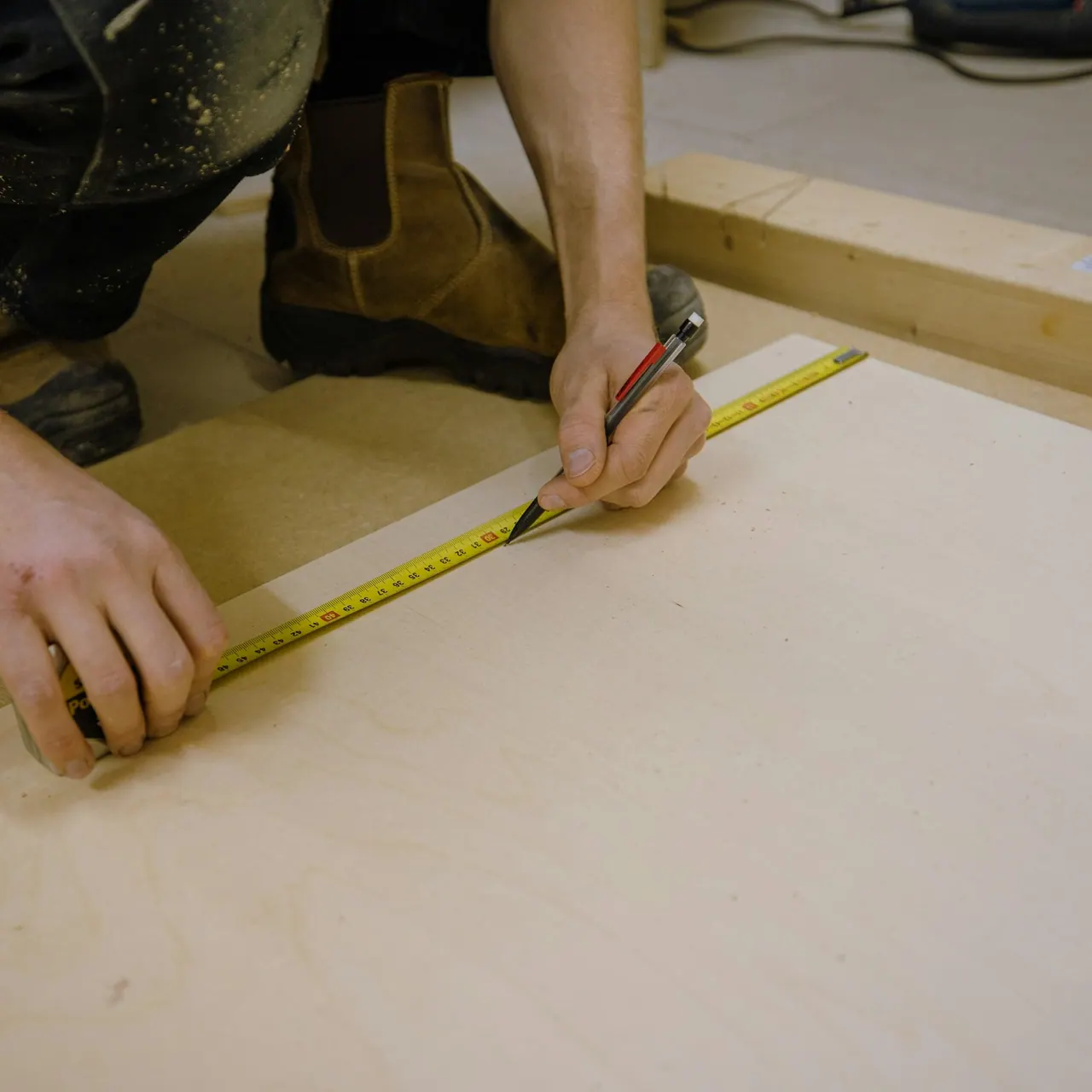 A hand marking a board with a tape measure and a pencil