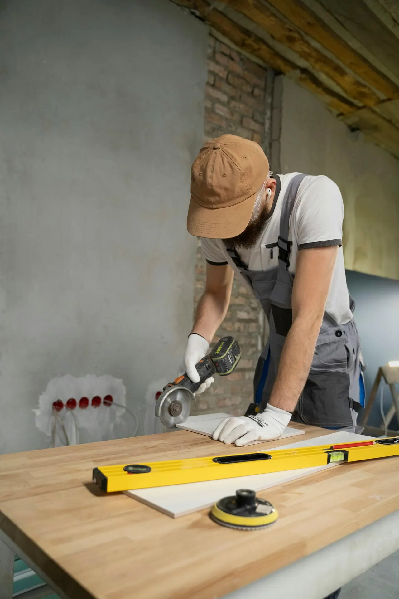 A handyman in gloves cutting a tile on a bench, a spirit level beside him