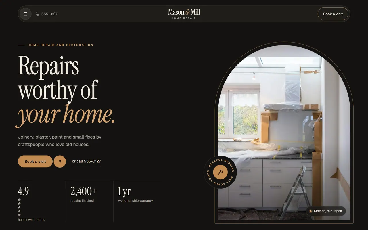 Mason & Mill Home Repair: the website on a desktop