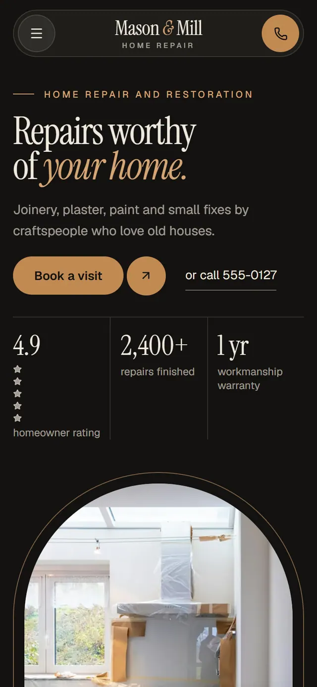 Mason & Mill Home Repair: the website on a phone