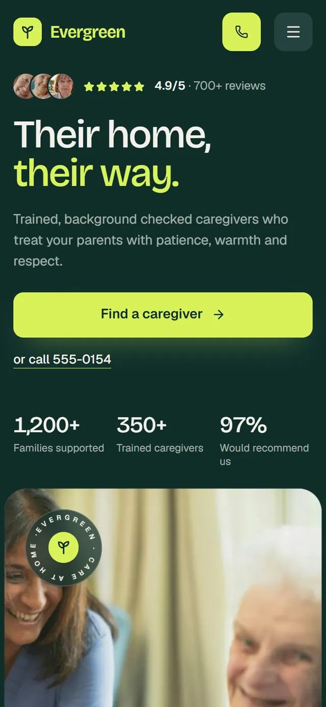 Evergreen Care at Home: the website on a phone