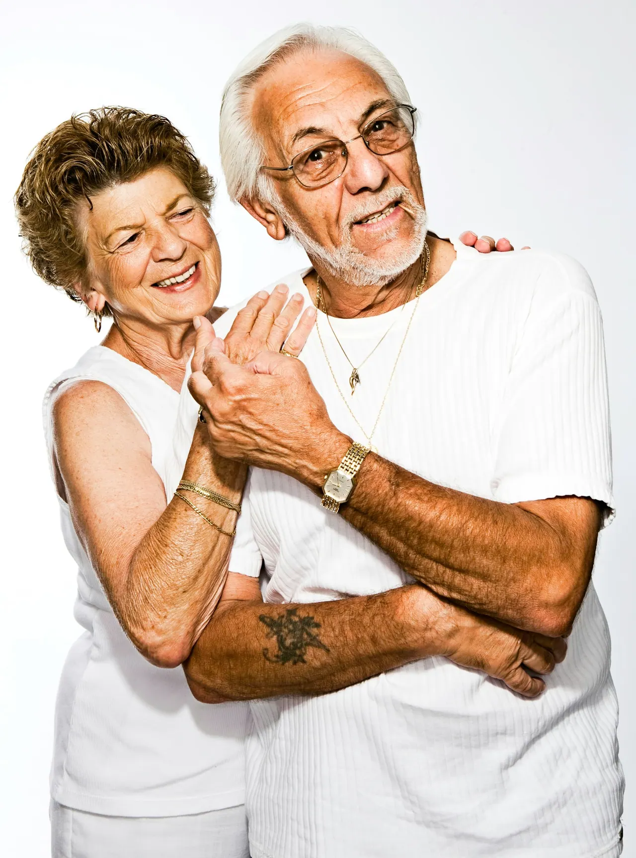 A happy older couple embracing