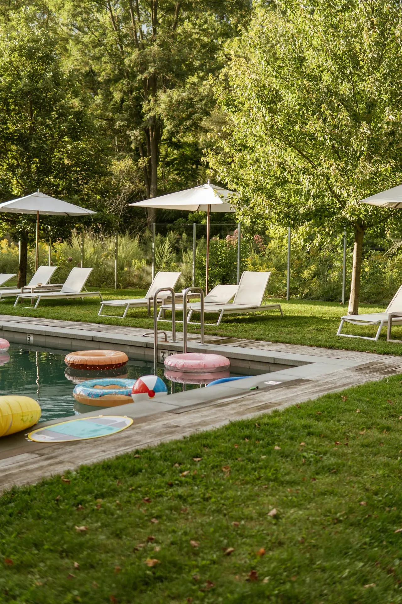 A backyard pool with lounge chairs and green hedges