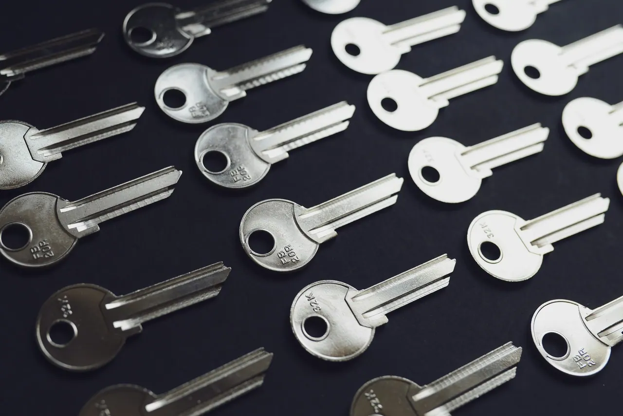 Rows of freshly cut house keys on a dark surface