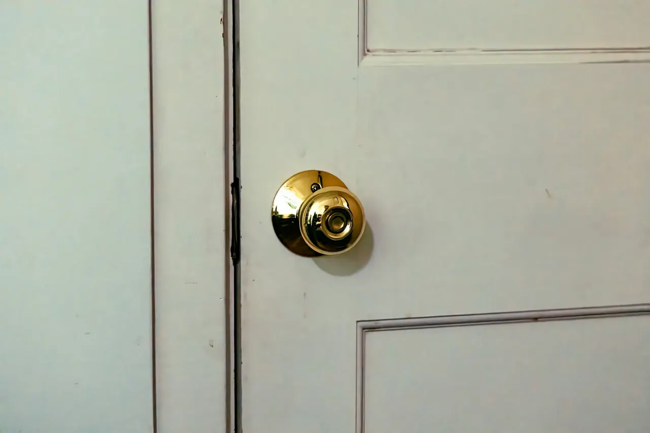 A round brass door knob on a pale panelled door