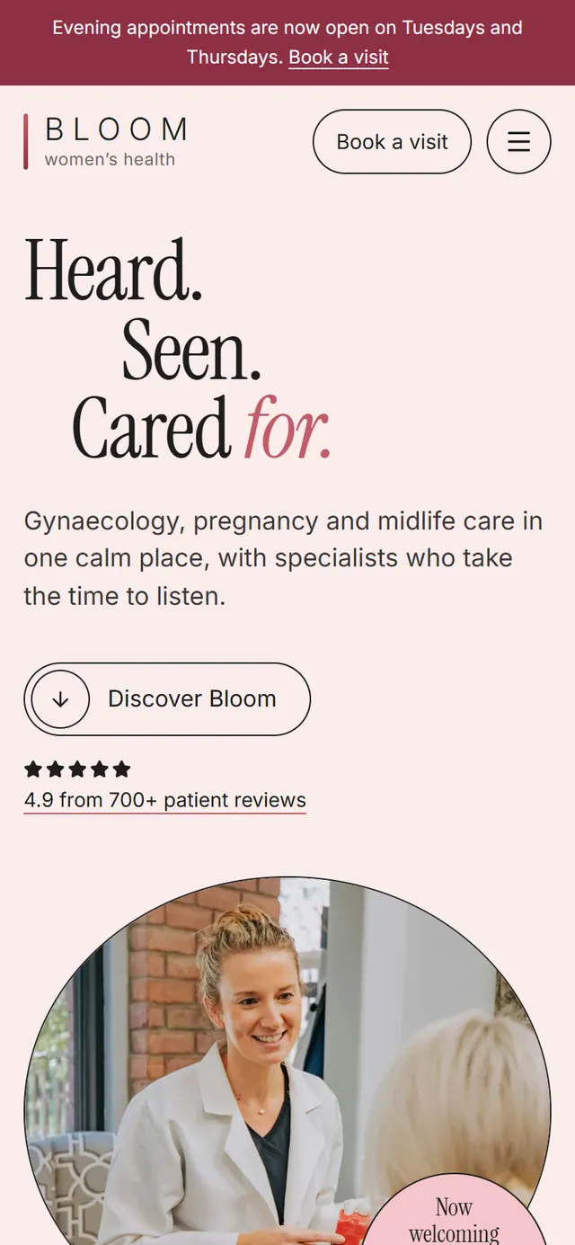 Bloom Women’s Health: the website on a phone
