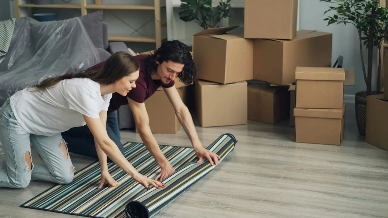 A couple unrolling a striped rug on their new plank floor