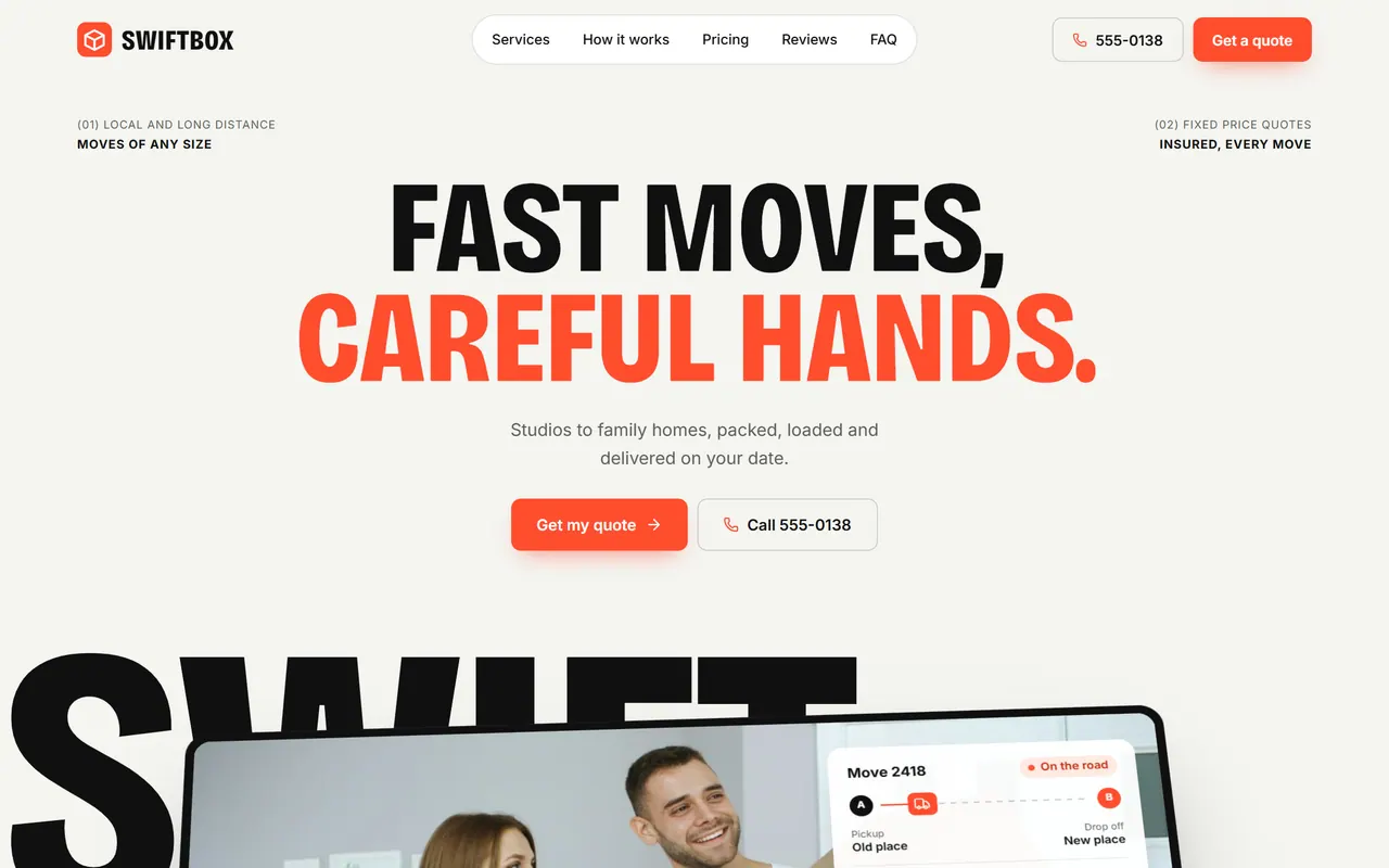 Swiftbox Movers: the website on a desktop