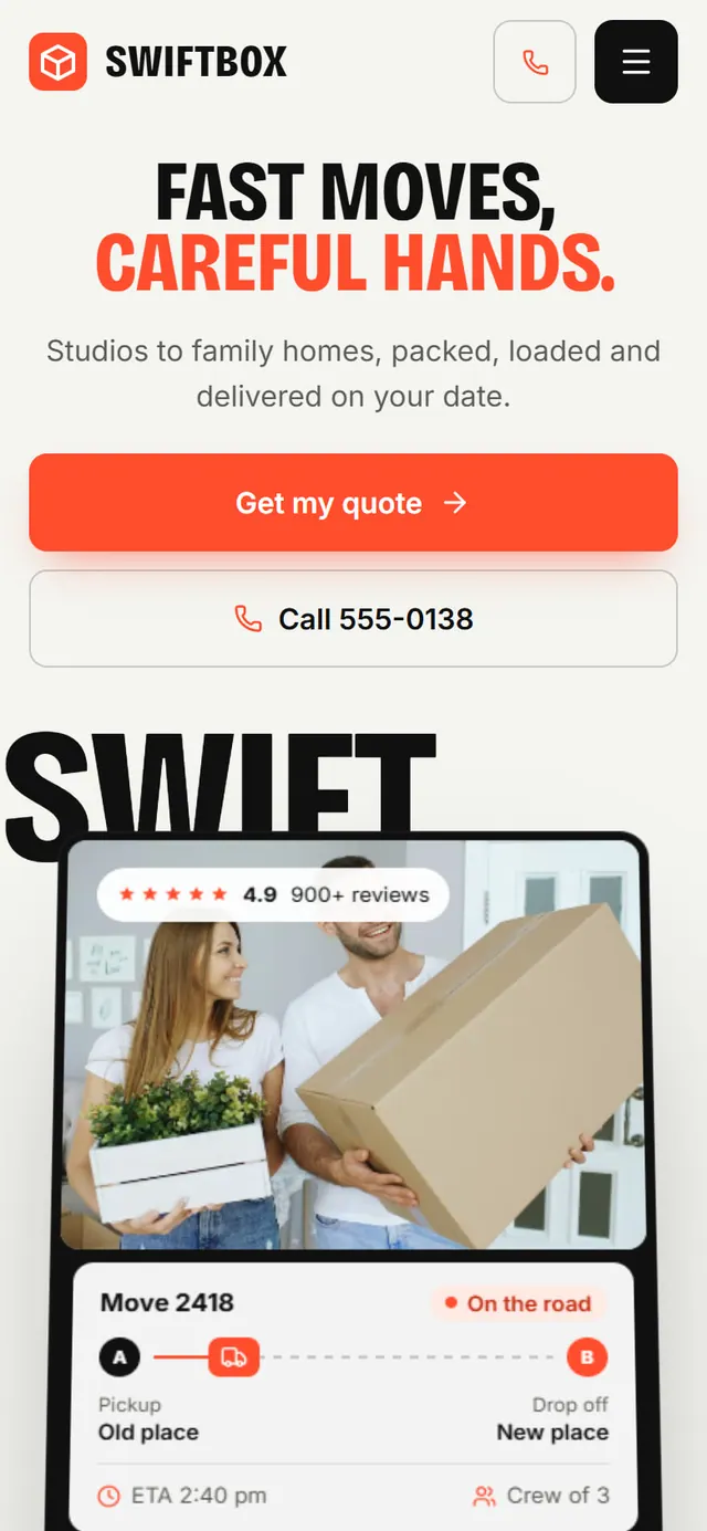 Swiftbox Movers: the website on a phone