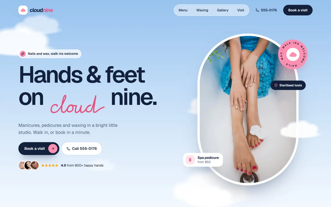 Cloud Nine Nails: the website on a desktop