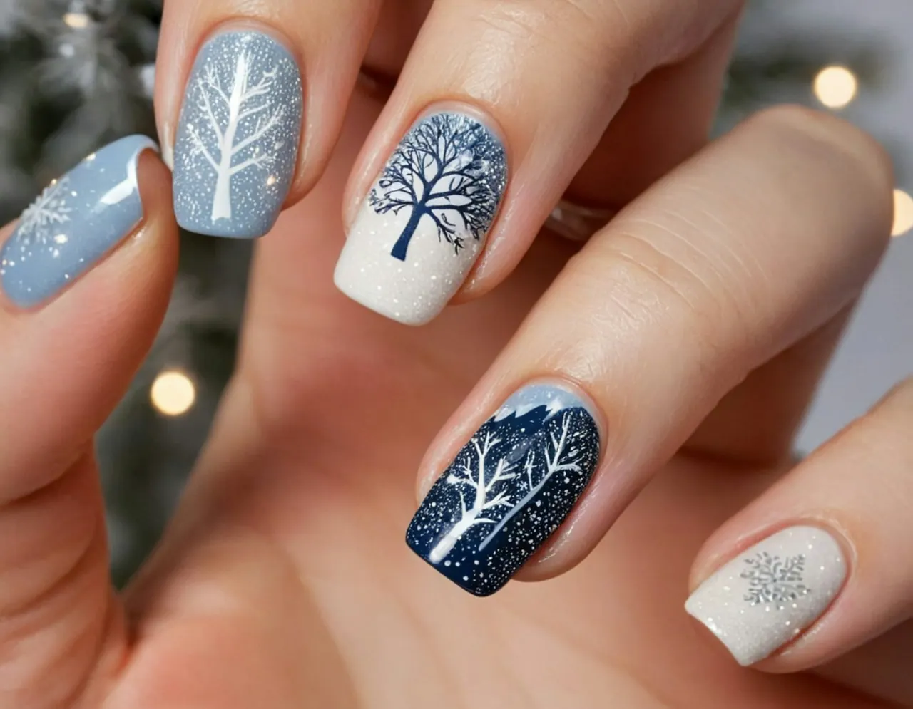Winter tree nail art in navy, sky blue and white
