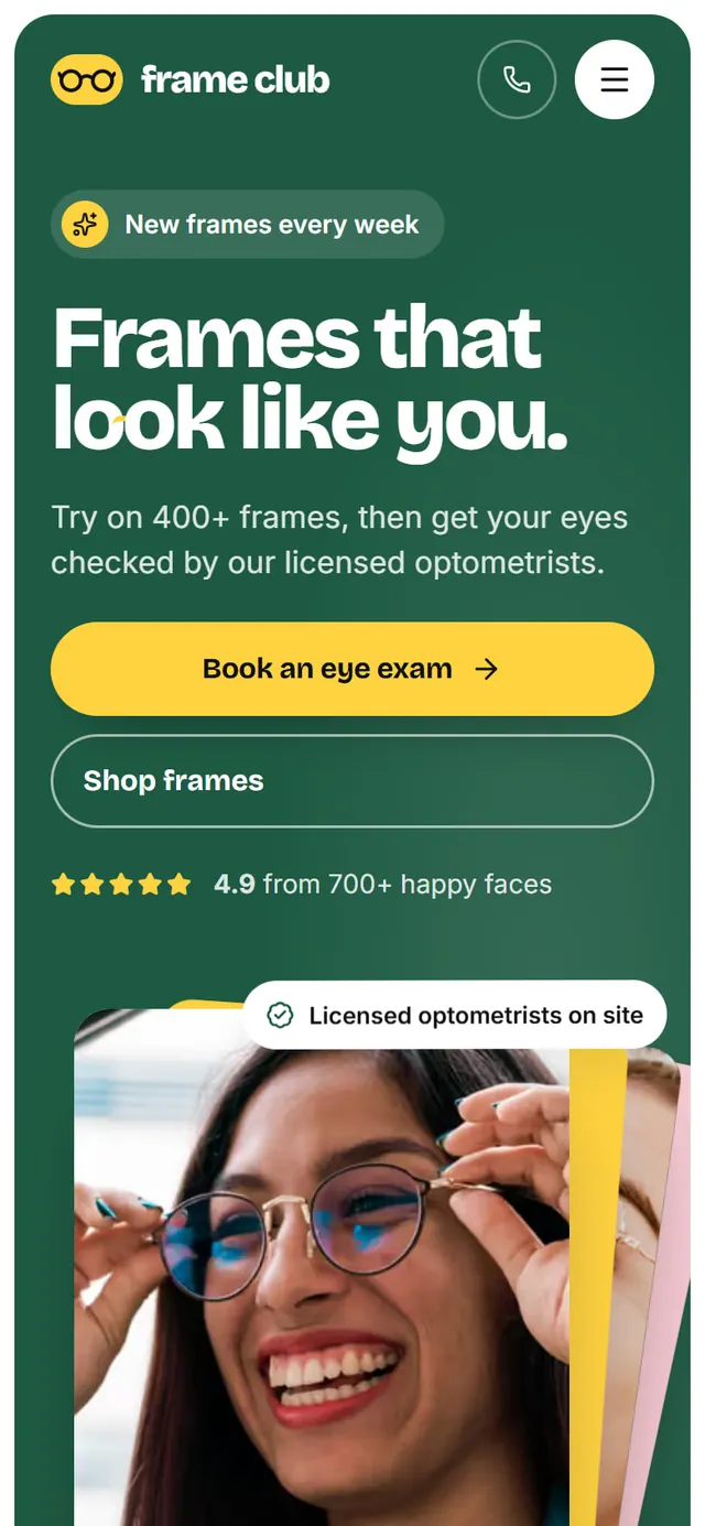 Frame Club Eyewear: the website on a phone