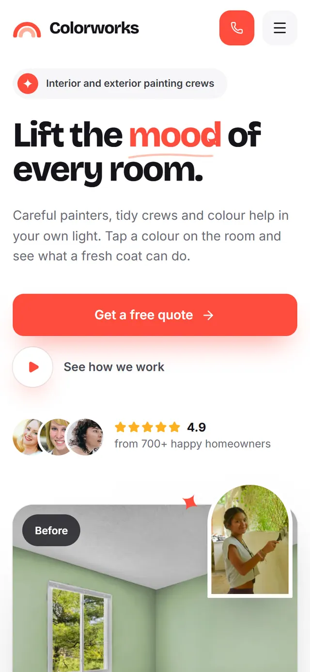 Colorworks Painting: the website on a phone