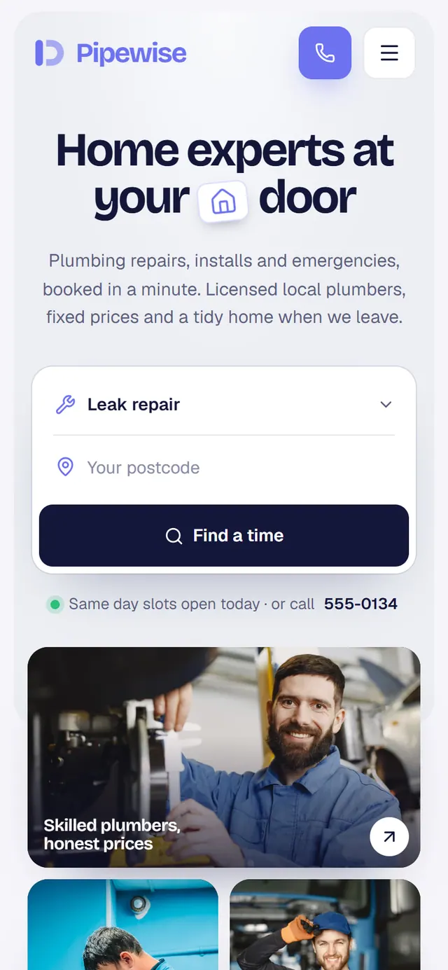 Pipewise Plumbing: the website on a phone