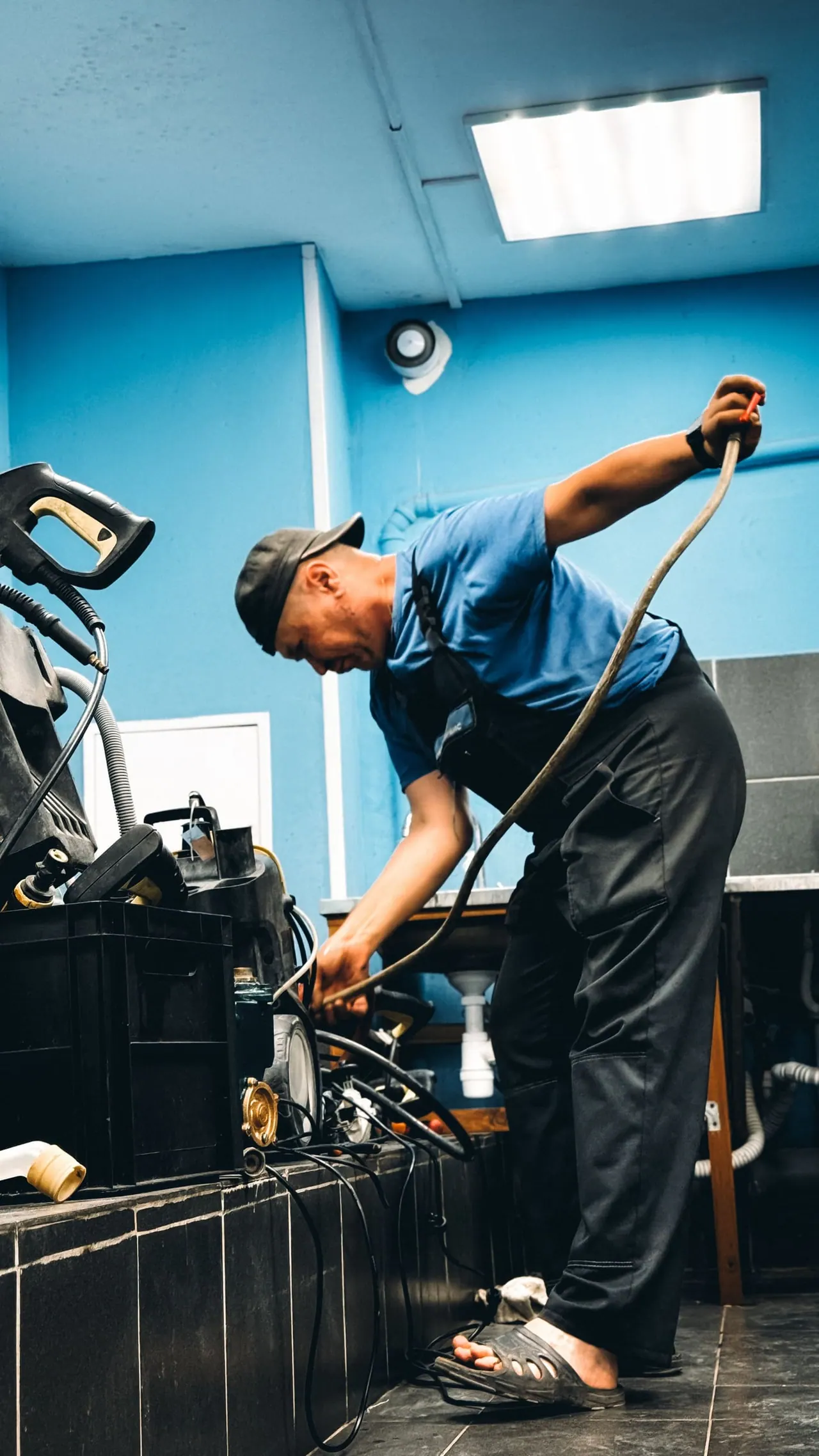 A plumber clearing a line with a long hose