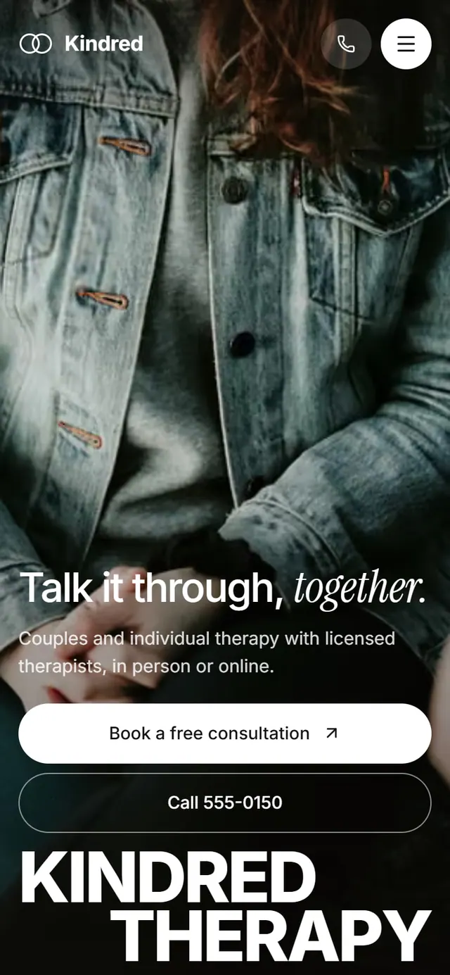 Kindred Therapy: the website on a phone