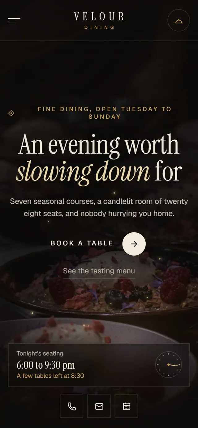 Velour Dining: the website on a phone