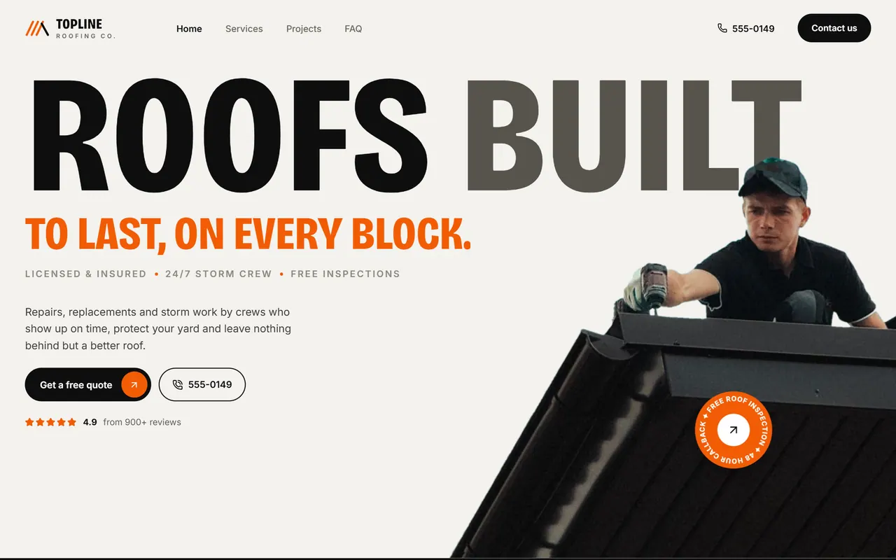 Topline Roofing: the website on a desktop