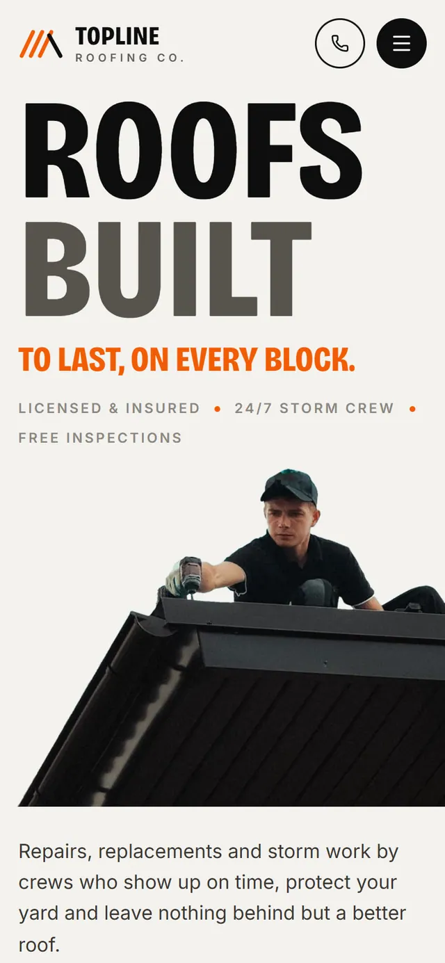 Topline Roofing: the website on a phone