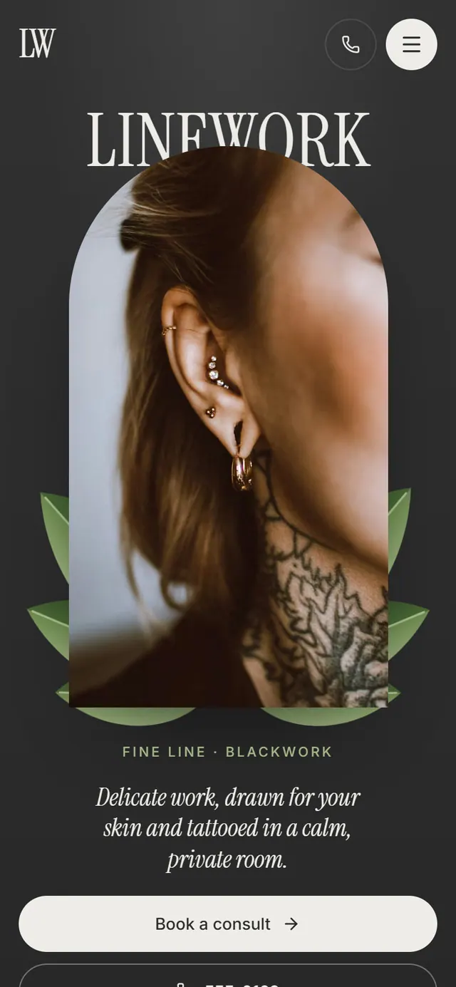 Linework Tattoo Studio: the website on a phone