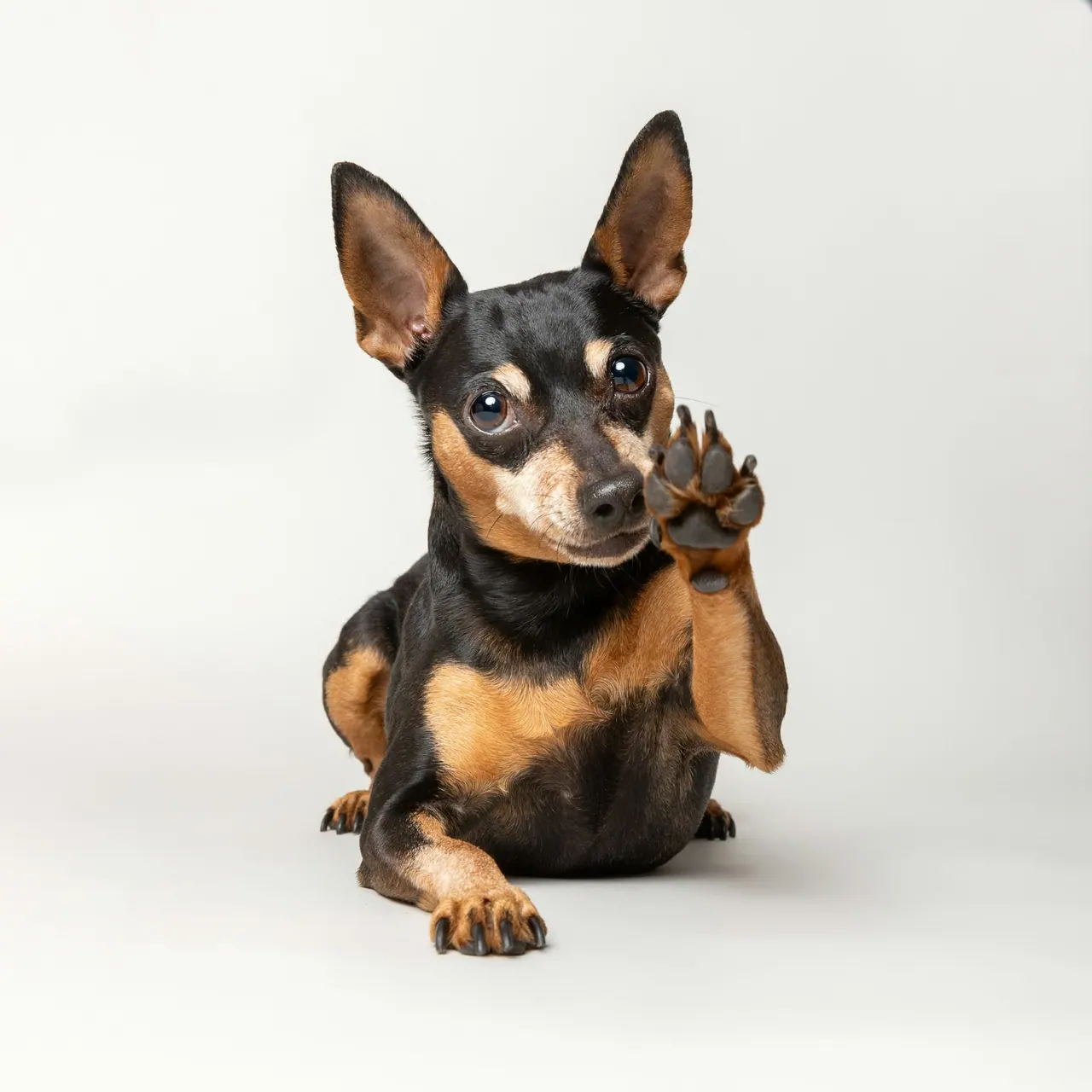 A small black and tan dog lifting a paw to wave