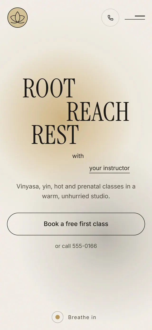 Aura Yoga: the website on a phone