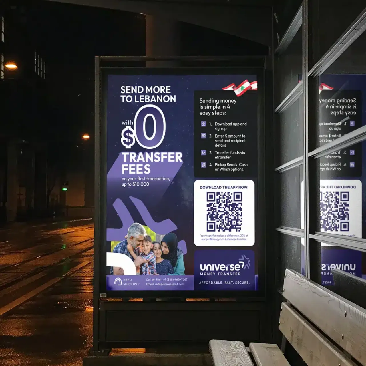 A transit shelter poster advertising zero-fee money transfers